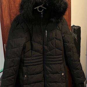Black Quilted Coat with Faux Fur Hood
